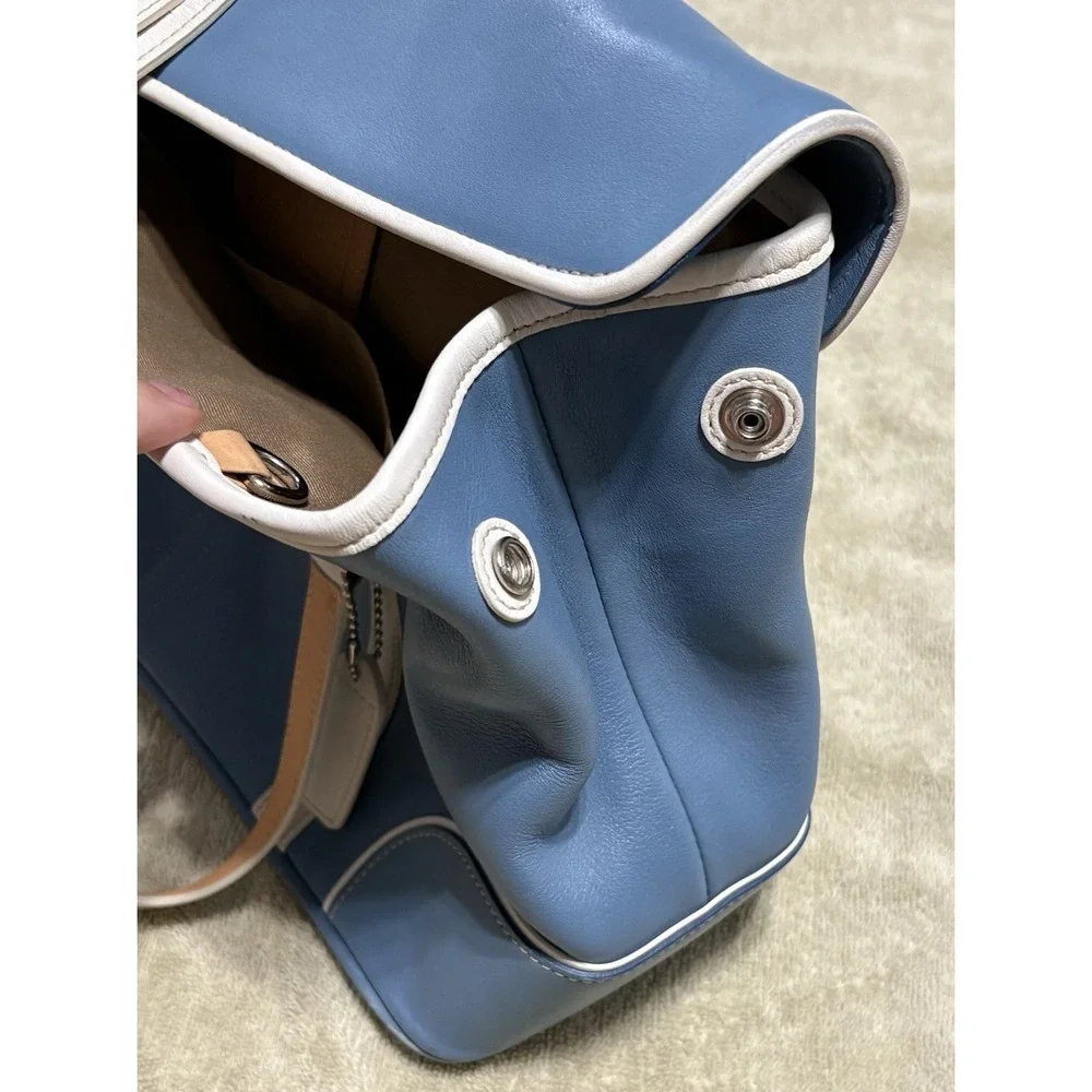 Coach Hamptons Magnetic Flap Satchel Blue White Leather Bag Purse Y2K Vintage